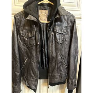 Downtown Coalition Women's Faux Leather Hooded Biker Moto Jacket Black Size XS